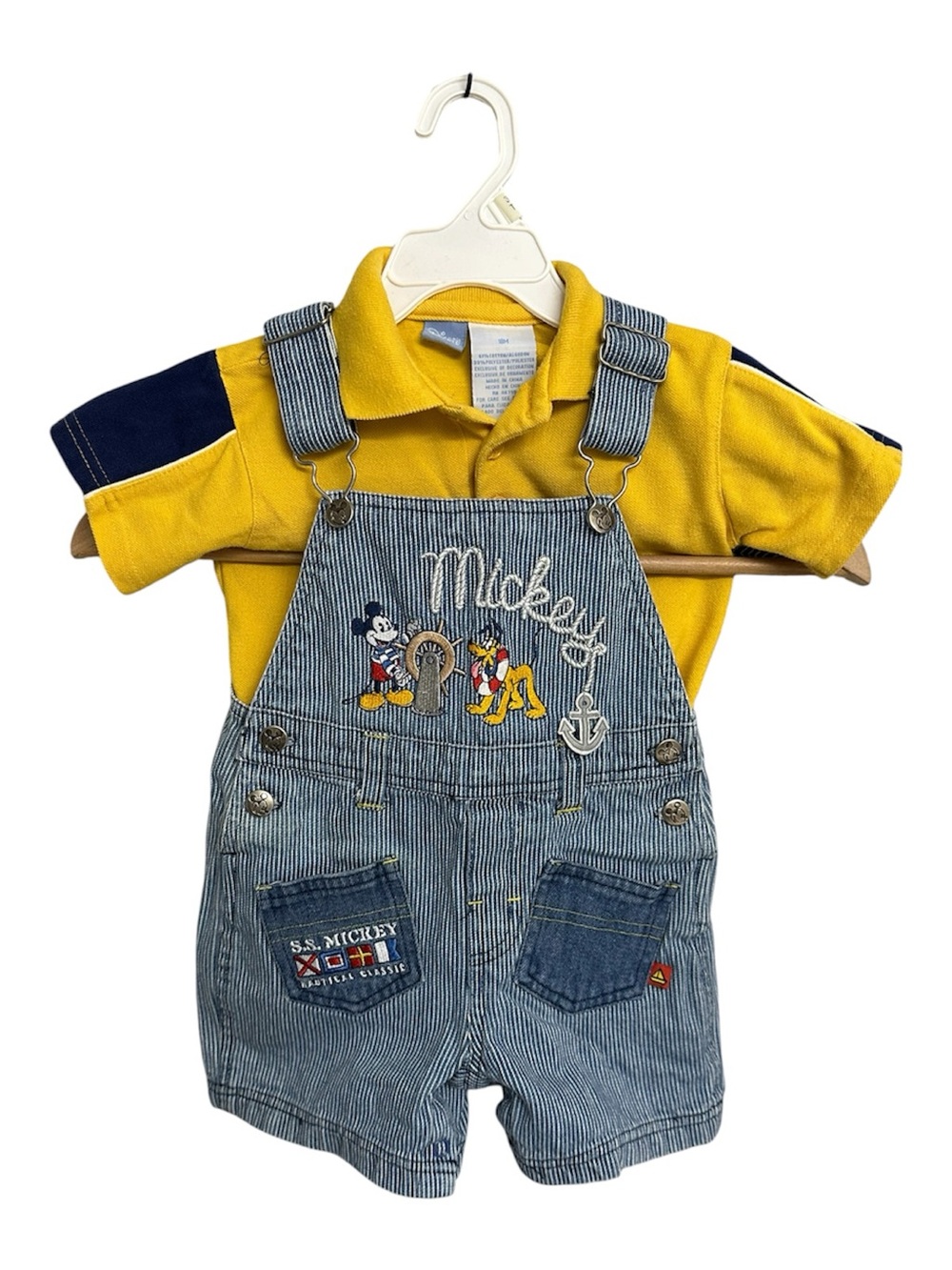 Vintage 90s Disney S.S. Mickey Denim Hickory Stripe Overalls & Polo Set 18M
